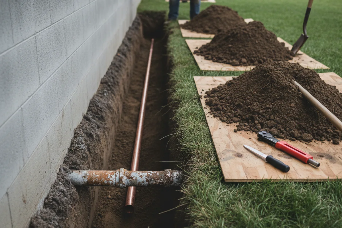 Excavated water line trench during Sewer Line Repair in Norwich